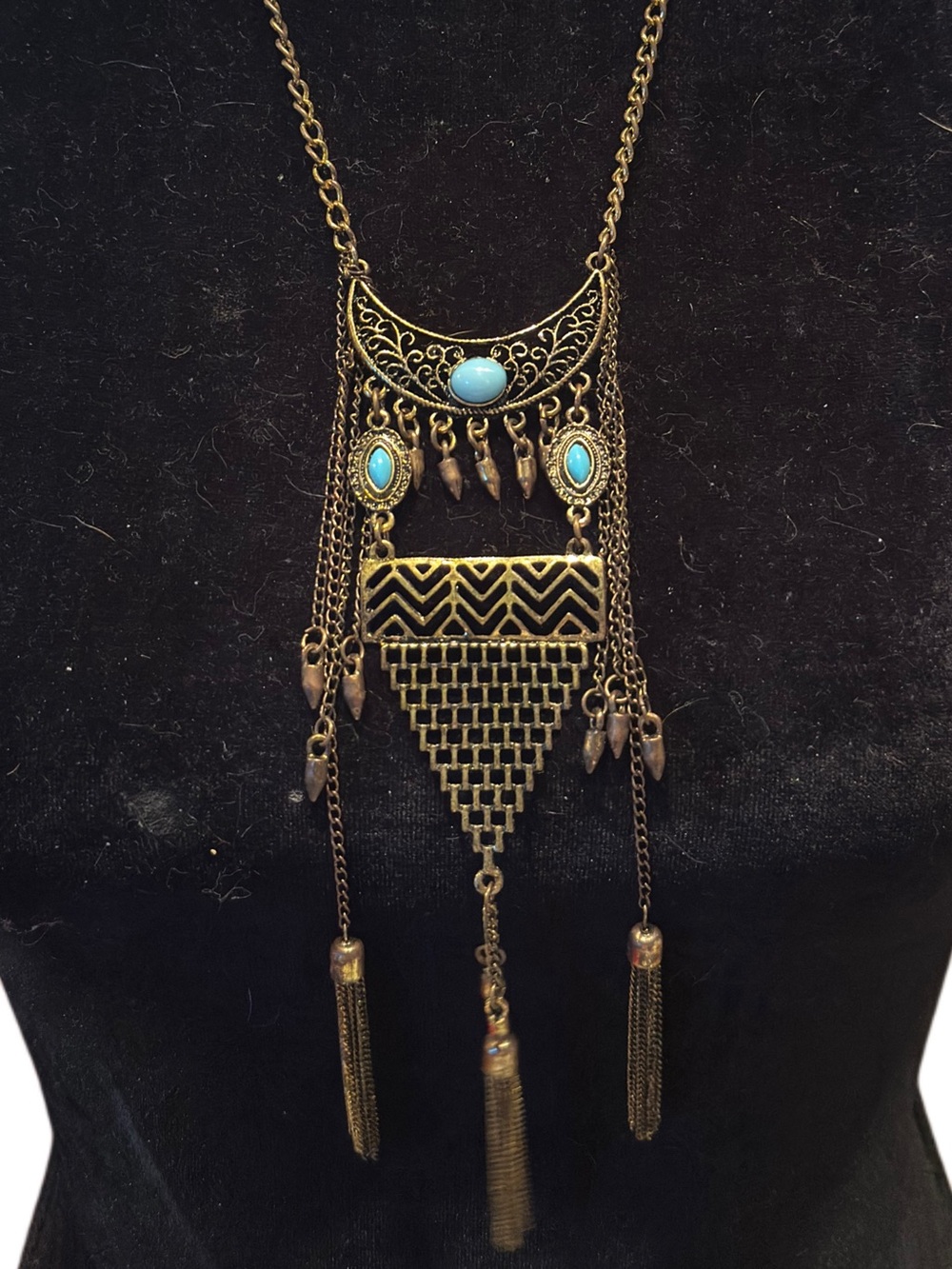 Rare Vintage Bohemian Bib Turquoise Accent Fringe & Filagree Statement Necklace